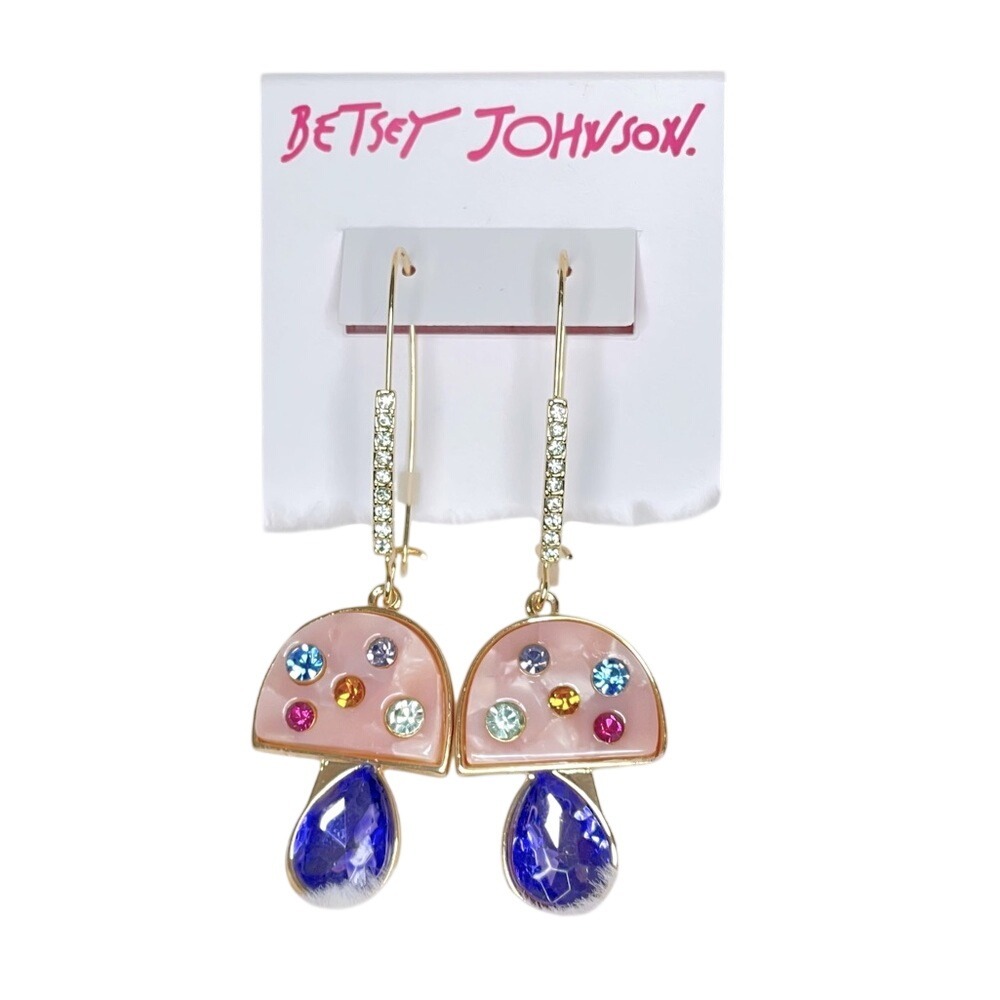 NEW Betsey Johnson Pink Mushroom Drop Earrings Gold Tone Crystal Rhinestone